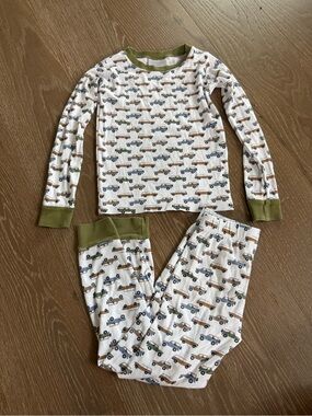 Lake 2pc Cotton Knit Pajama Set Long Sleeve White/Green Cars Print Size 7